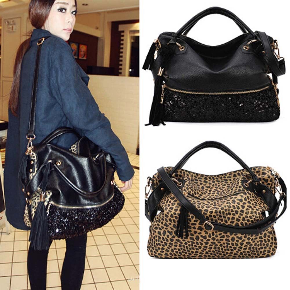 Frauen Leopard drucken Schwarz Geldbörse Handtasche Landstreicher funkeln Pailletten PU Leder Schulter Tasche