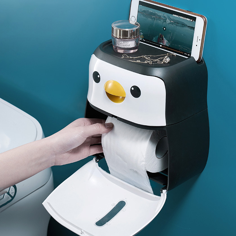 BAISPO-soporte de papel higiénico portátil, caja de pañuelos de pingüino, estante en rollo de papel montado en la pared, juego de accesorios de baño, almacenamiento impermeable