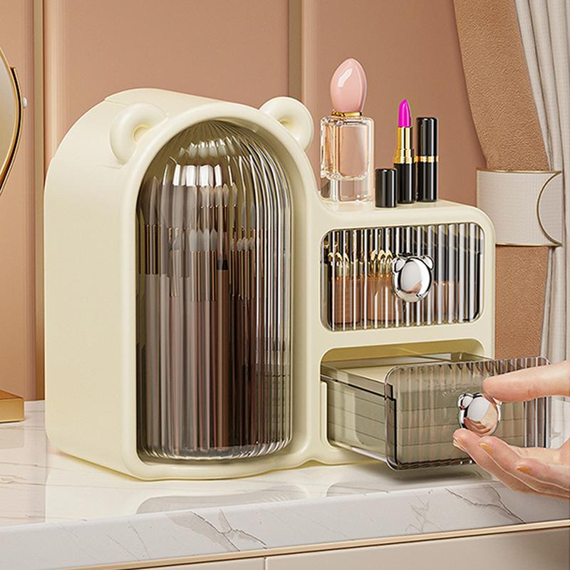 Desktop-Organizer, abgedeckter stationärer Organizer, Make-up-Pinselhalter, Bleistiftbecher, drehbarer Schreibtisch-Organizer mit 2 Schubladen für Stifte