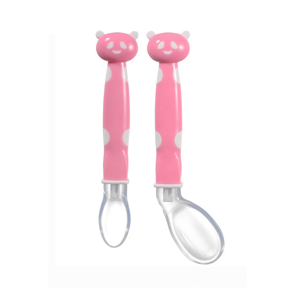 Cuchara de silicona suave para la alimentación para bebé vajilla con dibujos animados de Panda cucharas platos utensilios infantiles cucharas de aprendizaje 2 unids/set: Pink