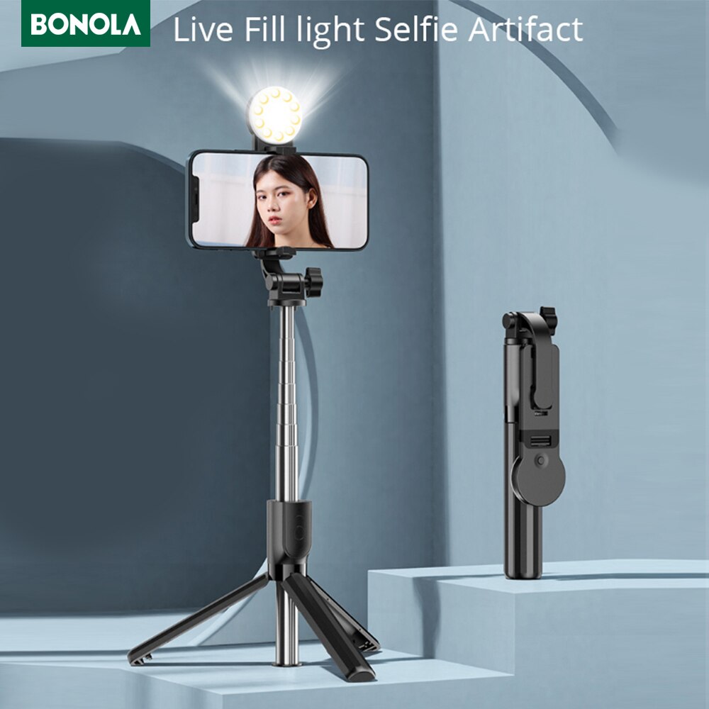Bonola Draagbare Bluetooth Selfie Stick Voor Xiaomi Mi 9/Iphone 13 12 11 Smartphone Statief Selfie Stick Opvouwbare Met licht Invullen