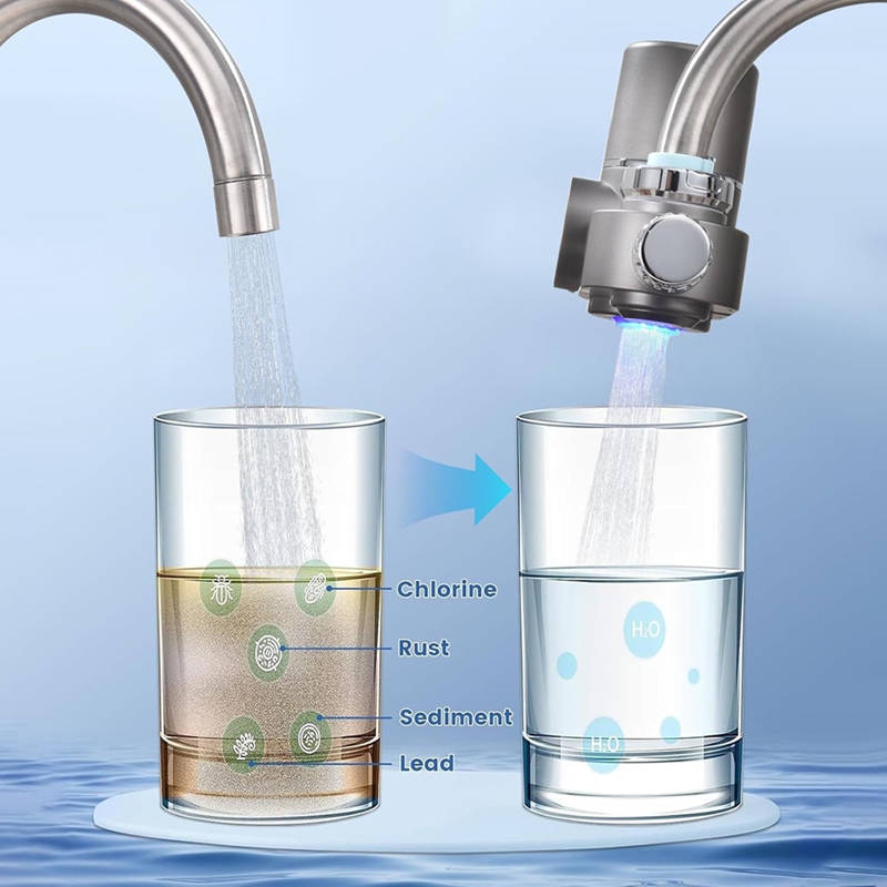 Waterfilter voor kraanmontage, waterzuiveraar met led-display voor het verminderen van lood, chloor en zware metalen, waterfilter voor de wastafel