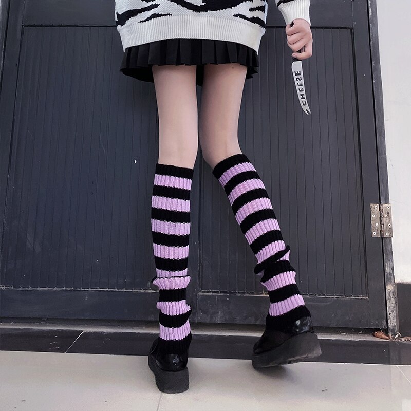 Punk Striped Cool Knit Long Socks Women Outdoor Knee High Elastic Leg Winter Warmers Lady Warm Slim Gothic Hip-hop Rock Sock