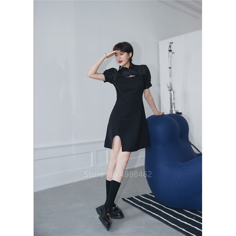 Chinês tradicional gótico preto moda feminina curto cheongsam vestido qipao curto split magro impressão festa vintage