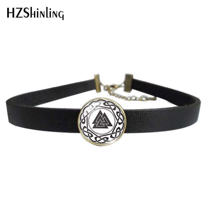 Viking Schild Vegvisir Klassieke Ronde Glas Cabochon Lederen Choker Ketting Draaimomenten Sieraden Voor Meisjes: 1 / Brown
