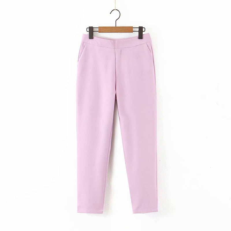 Forår efterår lilla pink 2- delt sæt kvinder enkelt knap kontor dame blazer jakke toppe+lynlås bukser jakkesæt kvindelige bukser: Kun lilla bukser / M