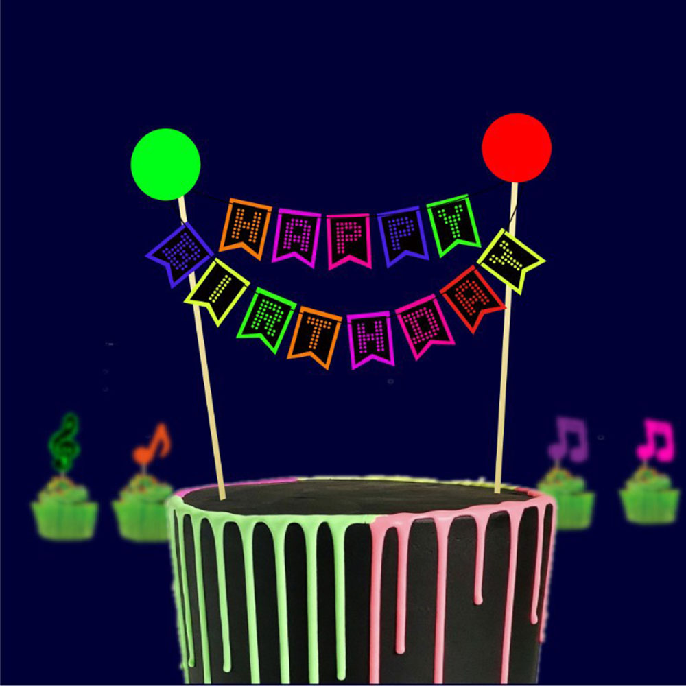 Decorações de bolo de festa de néon brilhante, banner de feliz aniversário, topper de bolo que brilha no uv, luz preta, suprimentos de festa reativos, aniversário de néon