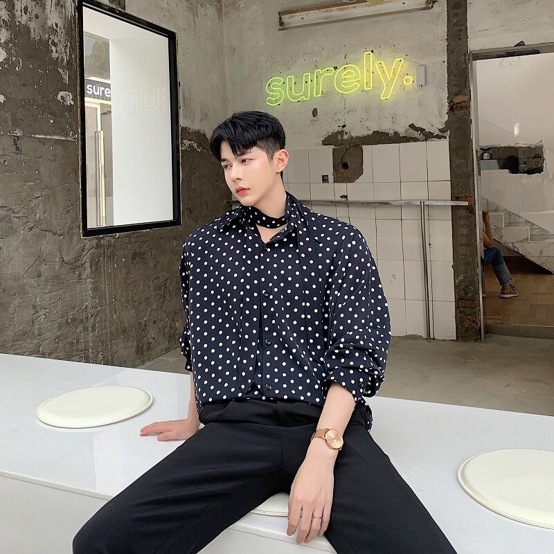 Otoño nuevos hombres de manga larga lazo lunares – Grandado