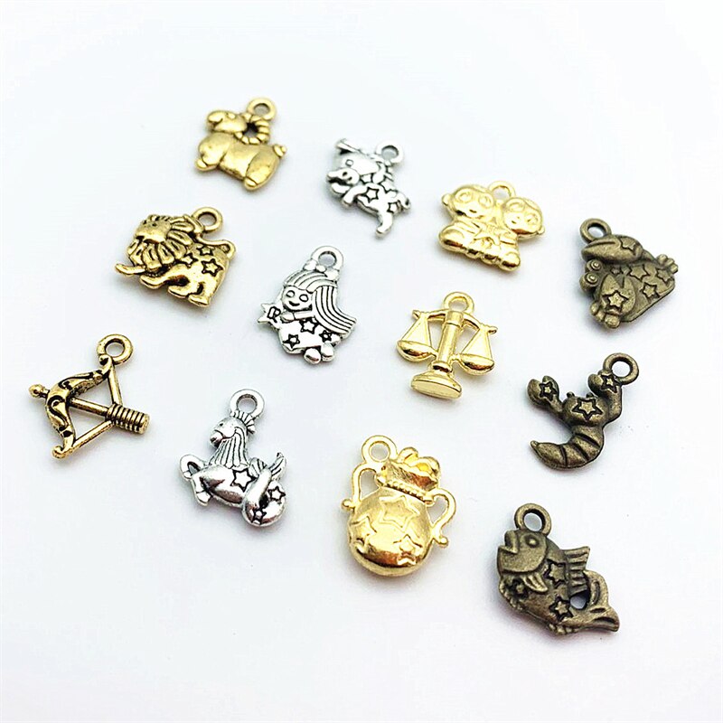 12 stück gemischtfarbige sternzeichen-anhänger aus zinklegierung mit tibetischen motiven, Ideal zum basteln von armbändern und halsketten.