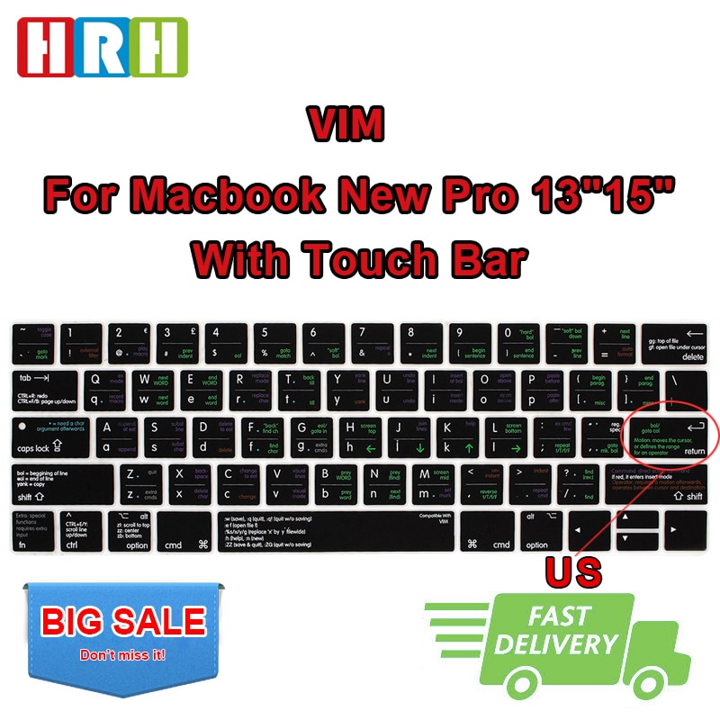 HRH VIM VI Shortcuts Hotkey Silicone Keyboard Cover Skin Protector For Macbook Pro 13" A1706 A2159 15" A1707 With Touch Bar