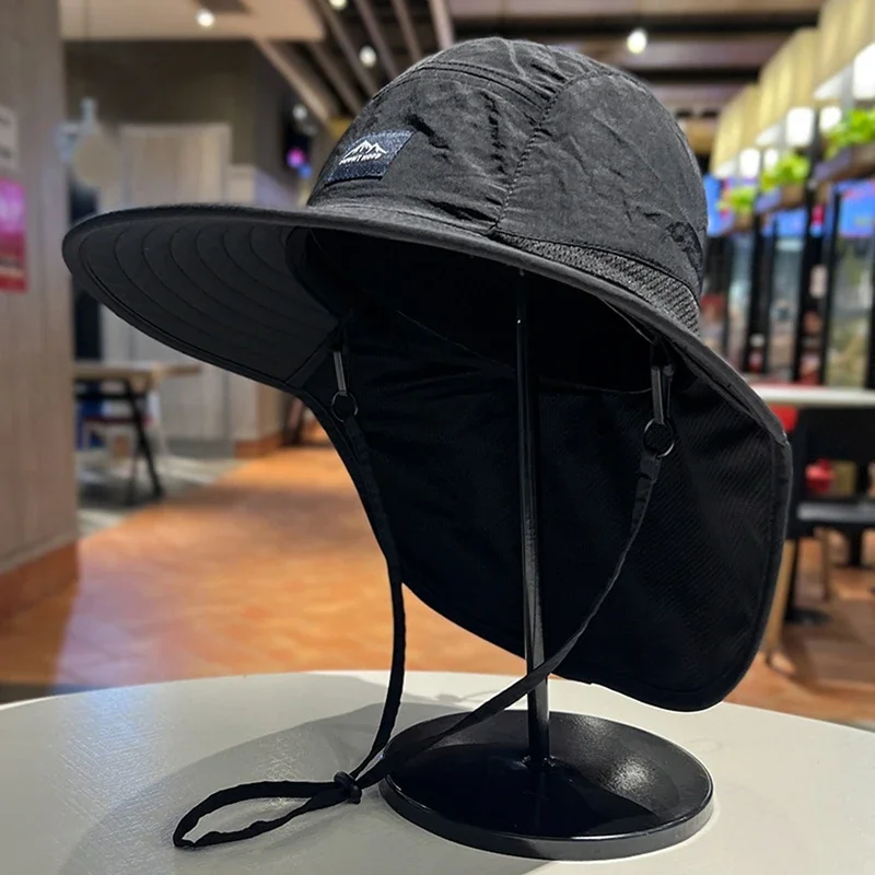 Unisex Summer Wide Brim Waterproof and Quick-drying Panama Caps Outdoor Visor Bucket Hats Mesh Breathable Sun Hat with Neck Flap: Black