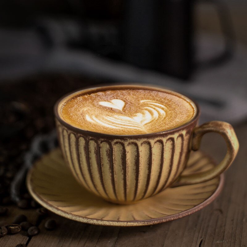 European Ceramic Retro Coffee Cup with Saucer Set Handmade Japanese Style Milk Mug Coarse Pottery Office Teacups Drinkware: Yellow