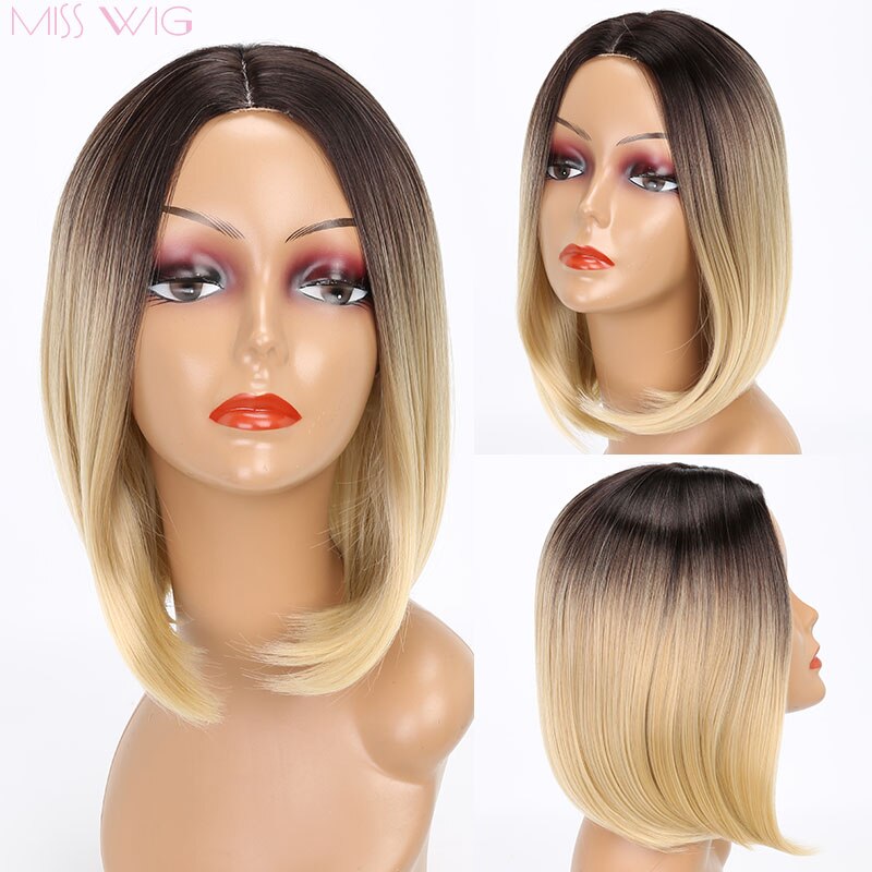 Miss Pruik Korte Rechte Ombre Roze Hittebestendige Bob Pruik Voor Vrouwen Zwart Ombre Kleur Synthetisch Haar: 4/30HL