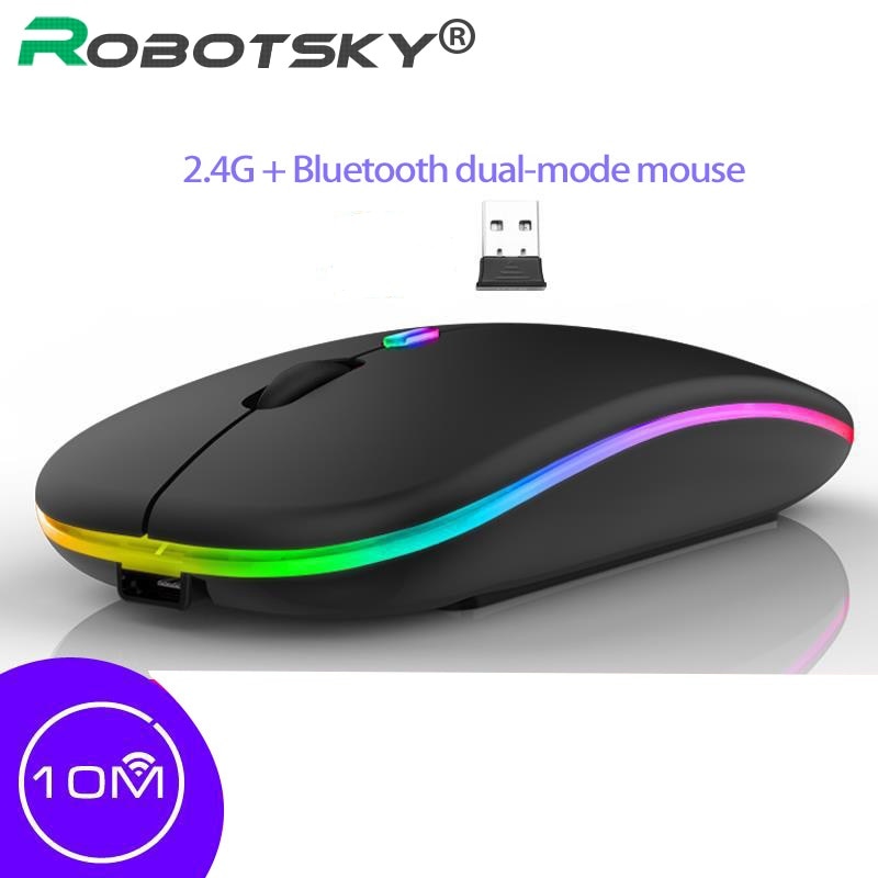 RGB Silent Wireless Mouse Dual Mode Bluetooth 5.0 + 2.4G Rechargable 1600DPI Ergonomic Computer Gaming Mouse For PC Laptop