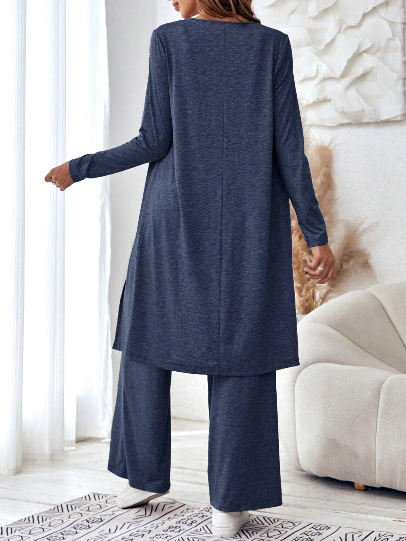 Autumn casual loose three piece set women's vest pants cardigan three piece set V-neck suspender+straight leg pants+