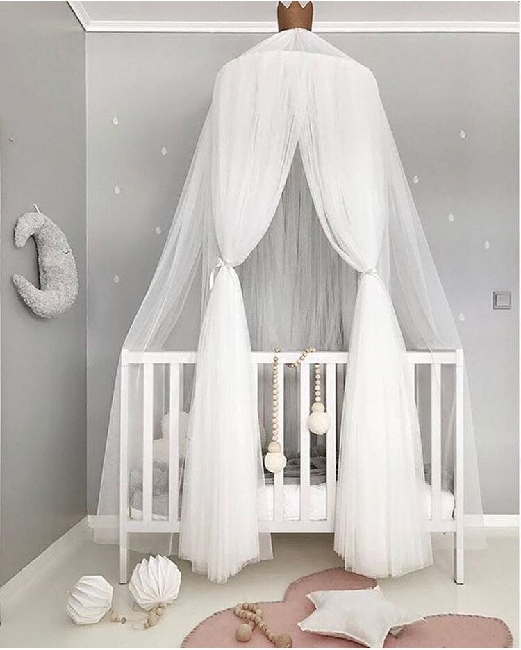Baby prinsesse blonder krybbe netting barn myggenet baldakin telt multifunktion gardin rundt kuppeltelt sengetøj til spædbarn pige dreng: Hvid