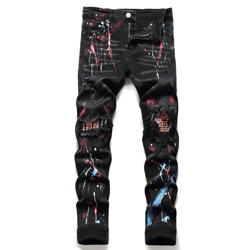 Men&#39;s Jeans Ripped Spray-Painted Black Stretch Pants Drill High Street Casual Pants Autumn Hip-hop Clothing: 34