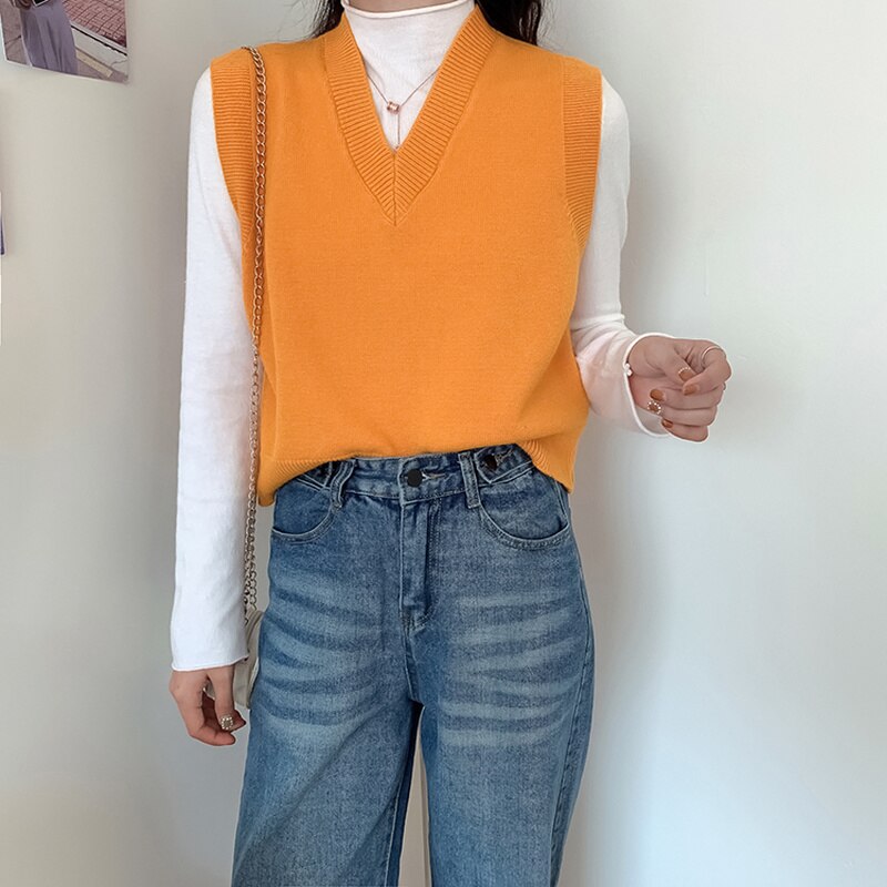 Sweater Vest Women V-neck Solid Knitted All-match Office Ladies Sleeveless Outwear Popular Soft Chic Leisure Korean