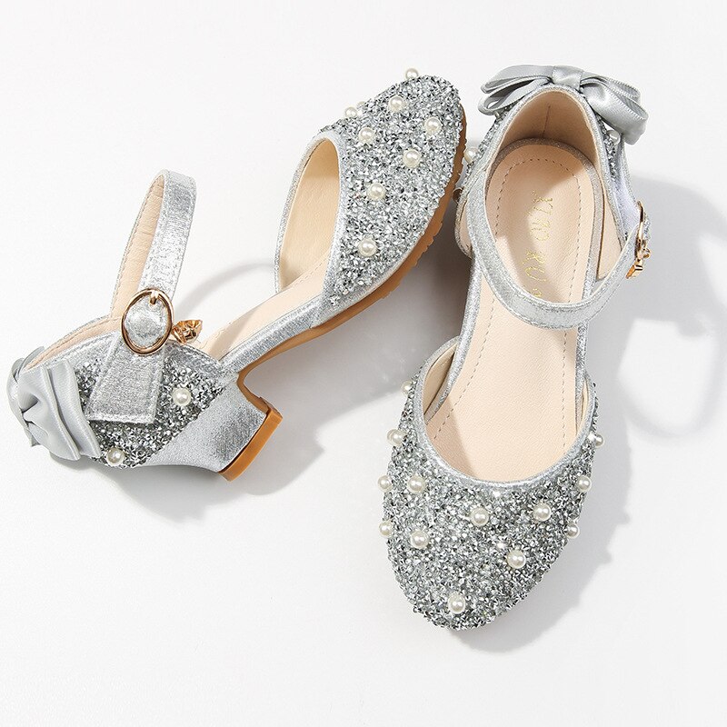 SKHEK dziecięce skórzane buty dla dziewczynek księżniczka kwiat dorywczo brokat dzieci szpilki dziewczęce buty motylkowy węzeł niebieski różowy srebrny