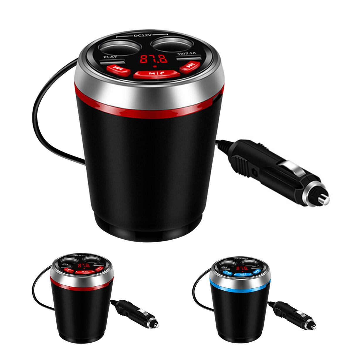 Car Bluetooth FM Transmitter Dual USB Car Charger Adapter Music MP3 Player Hands Free Car Kit Cup Holder Cigarette Lighter