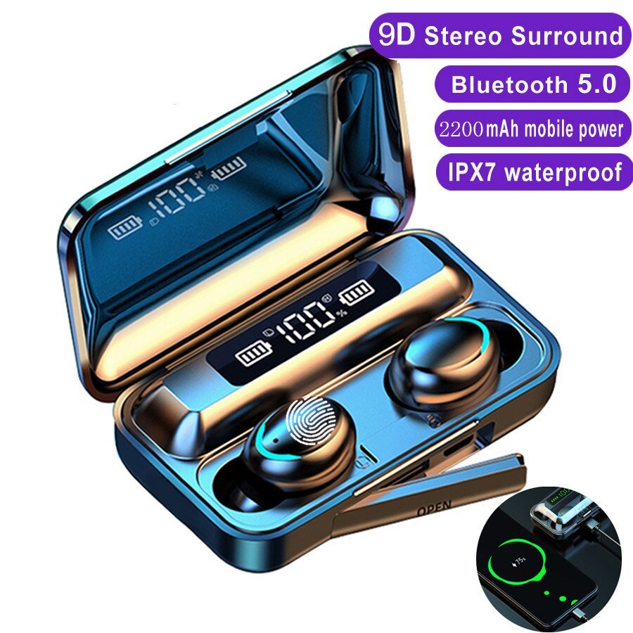 Stereo Sport Headsets Tws F9 Draadloze Hoofdtelefoon Bluetooth Oortelefoon Touch Mini Oordopjes Met 2000Mah Opladen Case Power Bank