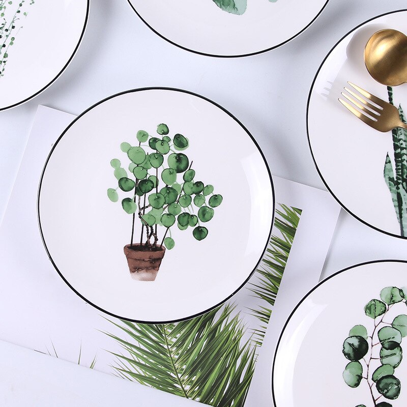 8 tum runda gröna blad keramiska middag tallrik set köksredskap efterrätt fruktsallad tallrik servis kaka tallrik västerländsk mat
