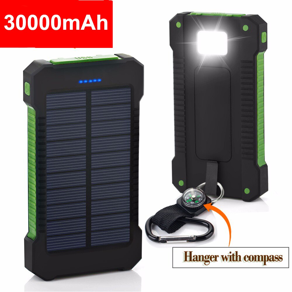 Banco de energía Solar de 30000mAh, Banco de energía Solar impermeable, USB Dual, LED, portátil, cargador de batería externa, Banco de energía para teléfonos