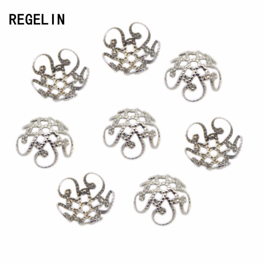 REGELIN Rvs Silver Tone Flower Eindkappen Metalen Filigraan Charm Spacer Kralen voor DIY Sieraden Bevindingen 50 stks/partij 8 /10mm