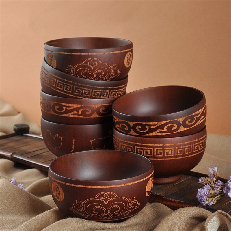 Bol à soupe en bois de style mongol pour enfants, 300ML, bols à nouilles et à riz, en bois naturel, de Style ethnique, Original, vaisselle