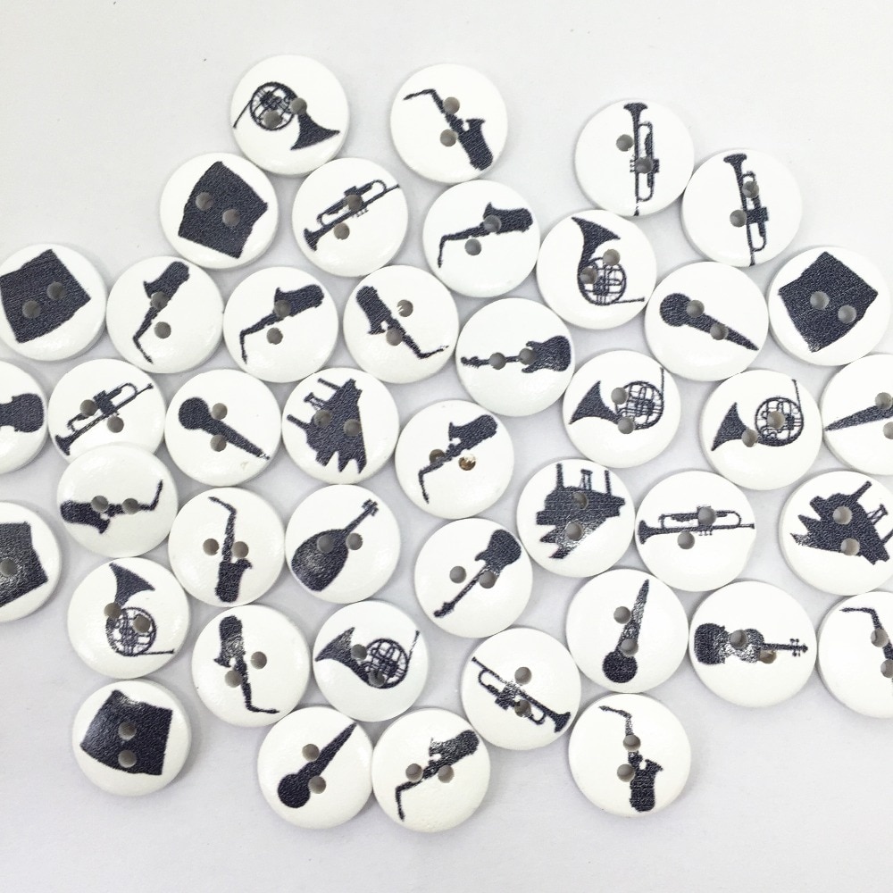 100pcs 15mm Mixed Musical Instruments Black White Wooden Buttons DIY Crafts Scrapbooking Round Sewing 2 Holes Accessories