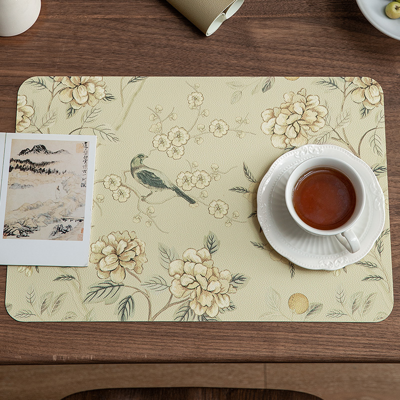 Heat Resistant Table Mats Set of 2, Hydrangea Faux Placemats, Floral Bird, Chinese Style, Digital Printing for Party Family