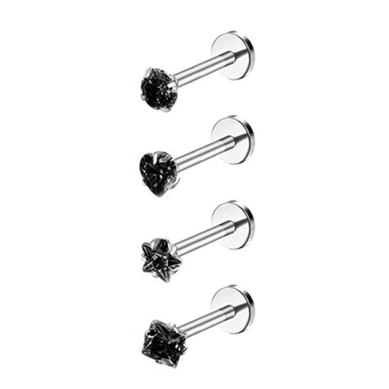 4PCS Heart Crystal Tragus Piercing Earring Set Flat Labret Piercing Set Lip Ring Lot Conch Cartilage Stud Helix Lobe Earring Set