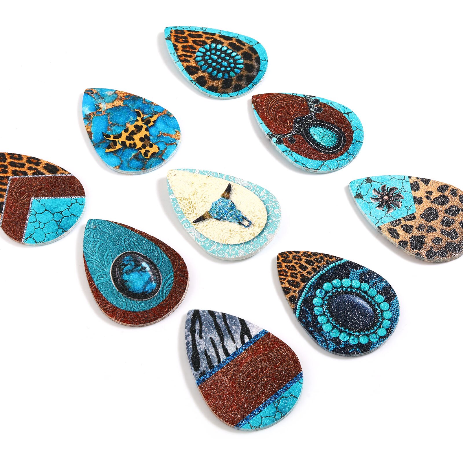 Bohemian pu leather pendant, multicolor with resin cabochon imitation, turquoise charms, diy necklace jewelry, , 5 pieces