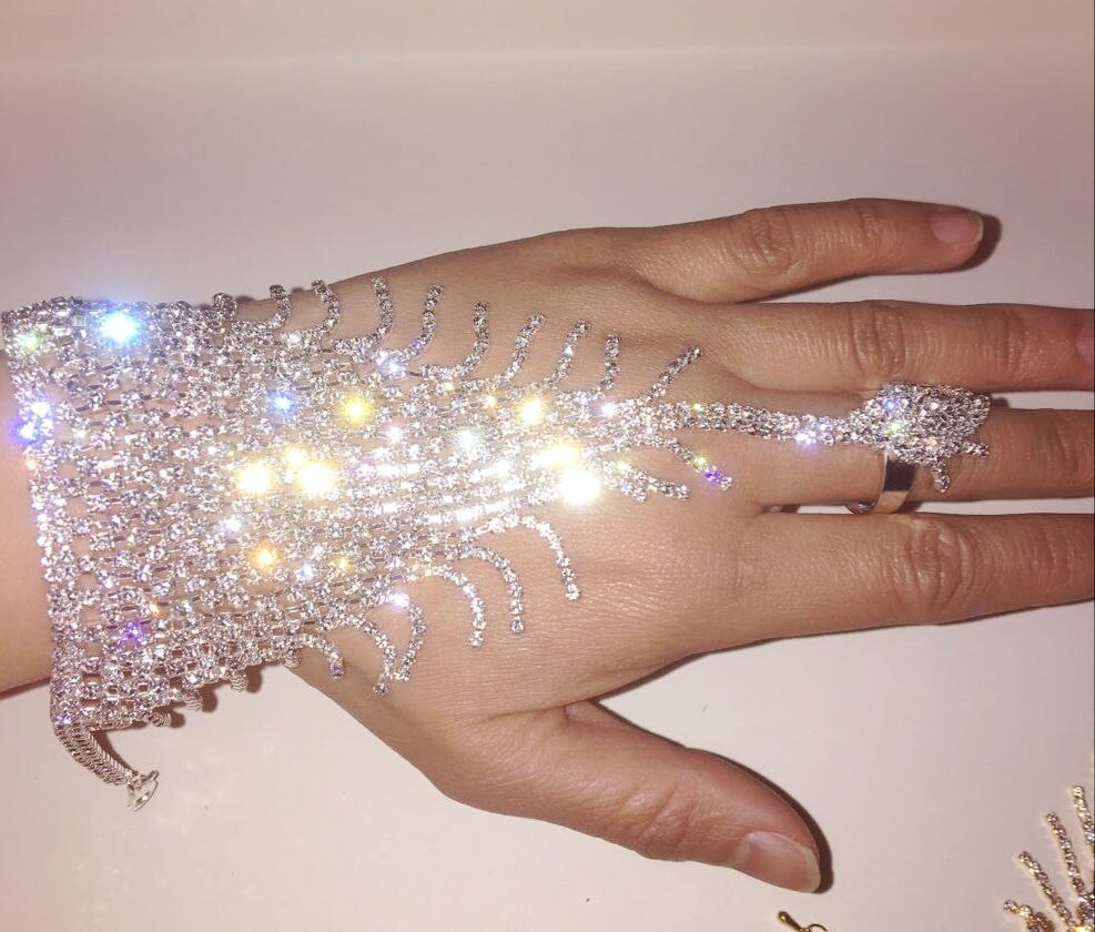 Crystal Rhinestone Armband Slave Manchet Bevestigd Ring Set Bruiloft Hand Chain Sieraden Bridal Bangle Decoratie Buikdans