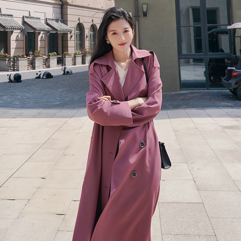 Trenchcoat Vrouwelijke Lente Herfst Koreaanse Pruim Kleur Lange Revers Vrouwen Windjack Losse Casual Dames Mantel Pendelen Jas
