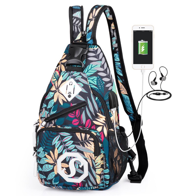 Bolso cruzado de doble uso para mujer, bandolera antirrobo para el pecho, escolar, de viaje, para verano: Music USB Blue Leaf