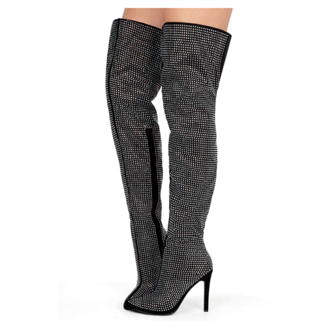 Luxe brillant strass ornement femmes cuissardes longues sur le genou côté Zip chaussures à talons hauts bottes grande taille 43: 37