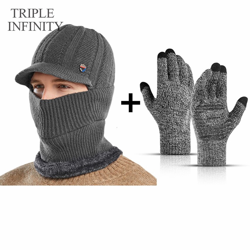 TRIPLE INFINITY Winter Men Knitted Hat Thick Windproof Dust-proof Sun Visor Hats Outdoor Cycling Warm Bonnet Male Baseball Cap: Winter Warm Set J