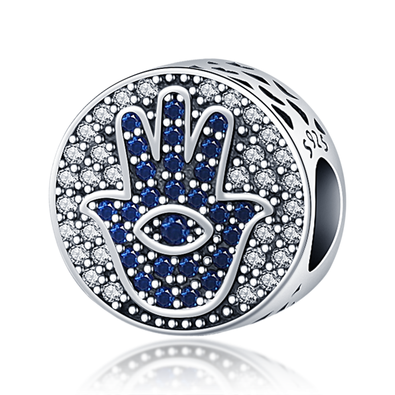 Hamsa-abalorios de mano de plata 925 auténtica, amuleto de mano de fátima con ojos azules de la suerte, compatible con pulsera Original, joyería: STC033