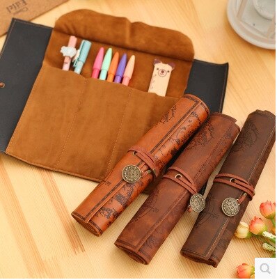 Leren etui, stiksels, pennenzak, opberghoes, vintage kawaii schoolspullen