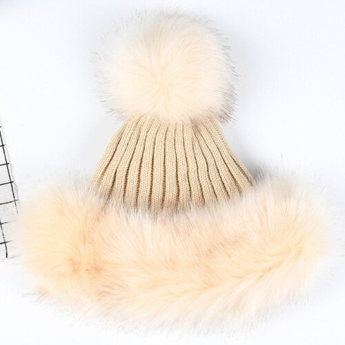 HT2105 Big Fur Pompom Ball Winter Hats for Women Russian Ushanka Hat Thick Warm Fur Hat Earflap Ski Cap Women Knitted Hat: Beige