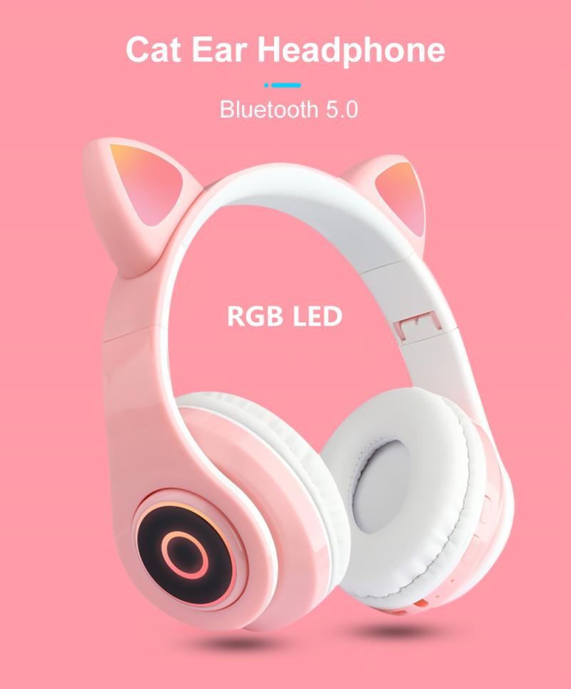 Auriculares inalámbricos con Bluetooth y micrófono para chica, cascos con orejas de gato, luz Flash, Decoración LED, estéreo, música, teléfono,