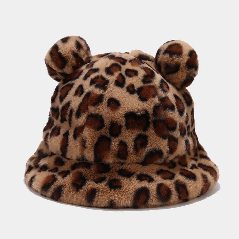 Cappello da pescatore giapponese carino peloso orecchio coda giovane donna studente Qiu dong ispessimento bacino di cappello caldo: leopardo grain