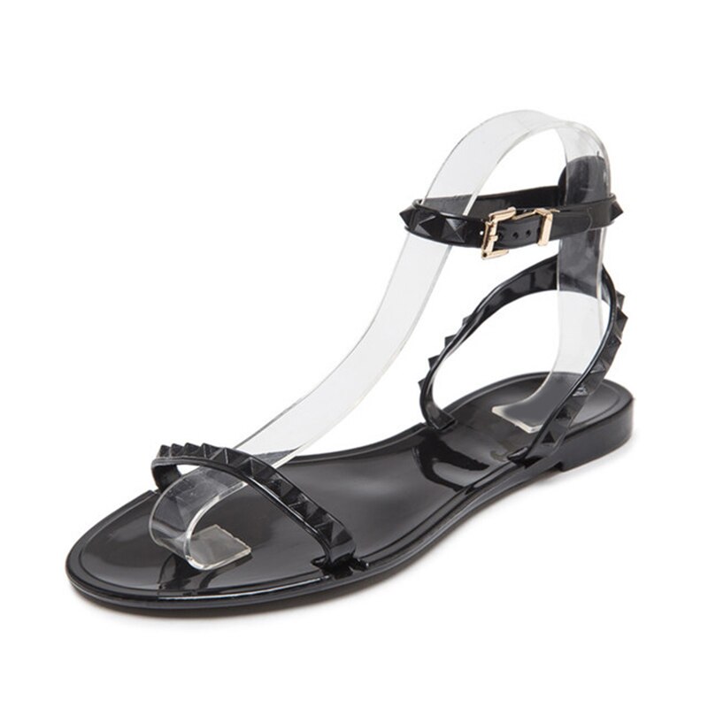 Women Rivet Sandals Ladies Ankle Buckle Strap Flats Woman's Jelly Shoes Summer Female Beach Shoe Open Toe Slingbacks: Black / 9