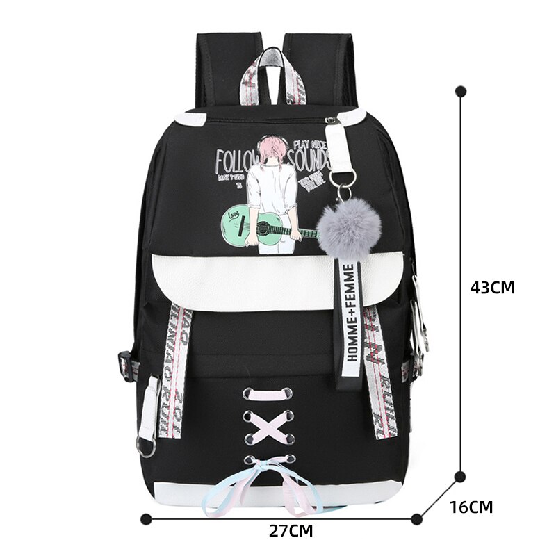 Canvas School Bags For Girls Teenagers Backpack Women Bookbag USB Charging Large Capacity Middle High School Backpacks Schoolbag: 658-black