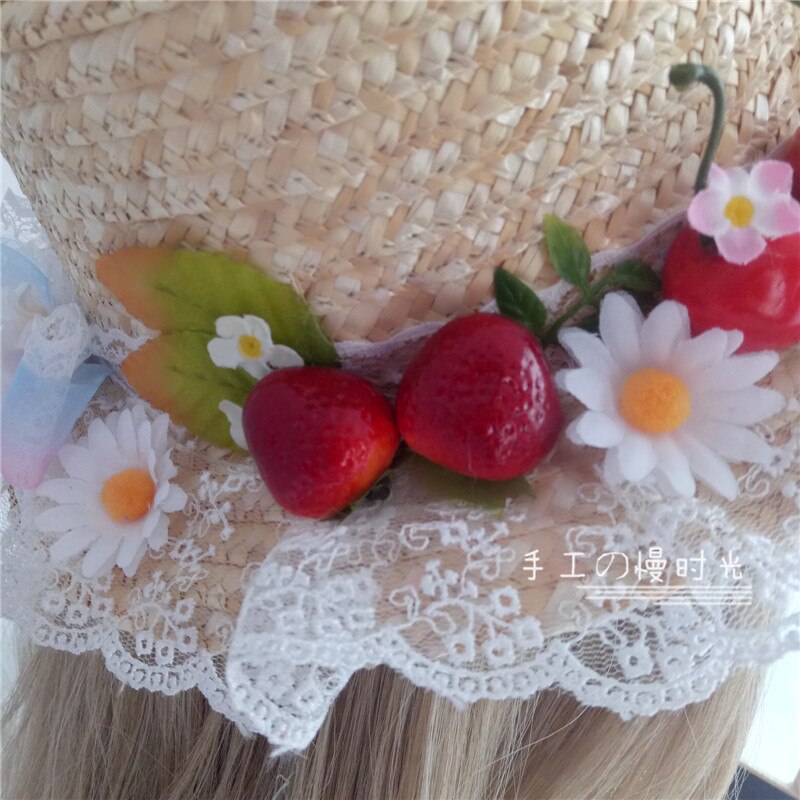 Diy Hand Made Lolita Zachte Zus Zoete Japanse Meisje Stro Hoed Kant Kleine Aardbei Pastorale Dagelijks Sen Hoed
