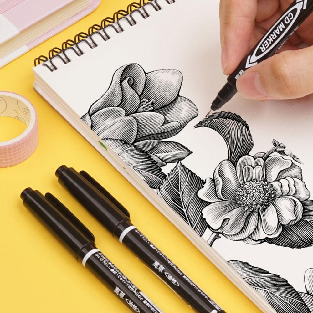 Bolígrafo de punta permanente de doble marcador de punta fina, tinta resistente al agua, plumín fino crudo, tinta negra de 0,5mm-2mm, Color fino, 1 ud.