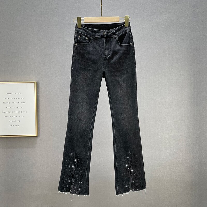 Jean fendu bleu foncé pour femme, slim, taille haute, évasé, élastique, automne