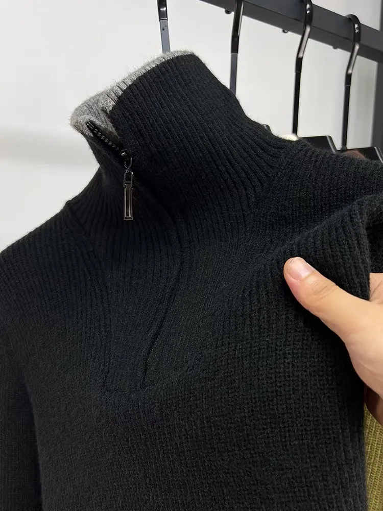 High-end mærke trend herre sweater med halv lynlås efterår vinter afslappet fortykket ensfarvet højhalset strikket pullover: Xxl / Sort