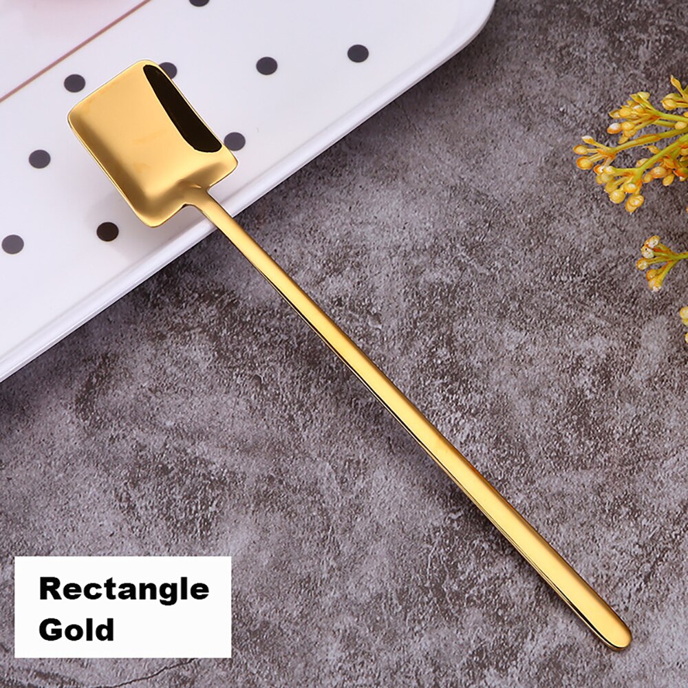 304 Roestvrij Staal Koffie Lepel Creatieve Plating Ijs Lepels Lange Steel Thee Lepels Keuken Gereedschap Drinken Bestek Kleurrijke: Rectangle Gold